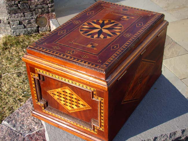 A FABULOUS 19th century British sailor-made walnut chest with applied moldings, fruitwood inlays and a whalebone keyhole escutcheon circa 1865-1880. — image 5